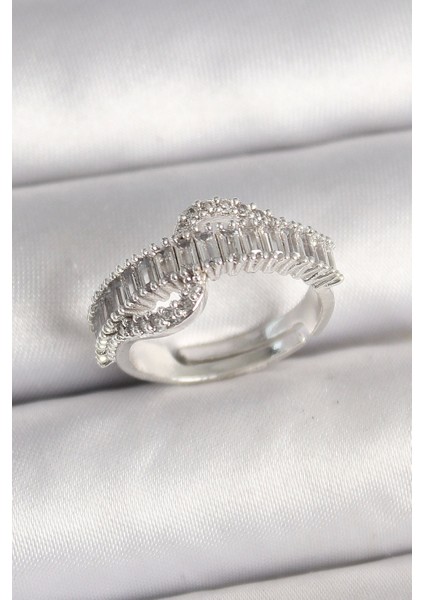 Pirinç Gümüş Renk Su Yolu Zirkon Taşlı Ayarlanabilir Model Kadın Yüzük - TJ-BYK3690