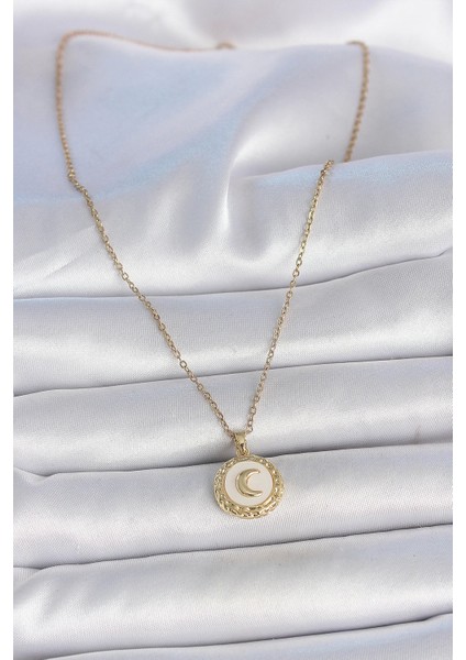 316L Çelik Gold Renk Zincir Beyaz Mineli Hilal Işlemeli Madalyon Model Kadın Kolye - TJ-BKO10035 fiyatları