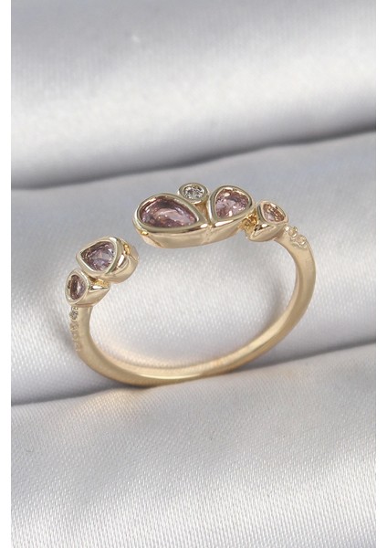 Pirinç Gold Renk Pembe Damla Zirkon Taşlı Ayarlanabilir Kadın Yüzük - TJ-BYK3735
