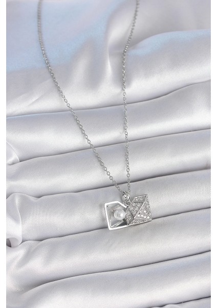 316L Çelik Gümüş Renk Zincir Zirkon Taşlı Incili Açılır Elmas Model Kadın Kolye - TJ-BKO10048 fiyatları