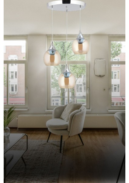 Damlam 3'lü Modern Gümüş - Bal Camlı Sarkıt Avize - Yatak Odası - Salon - Mutfak - Hol - Ofis