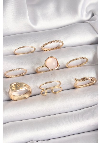 Pirinç Gold Renk Pembe Mineli Kemer Model Kadın Yüzük Kombini - TJ-BYK3669