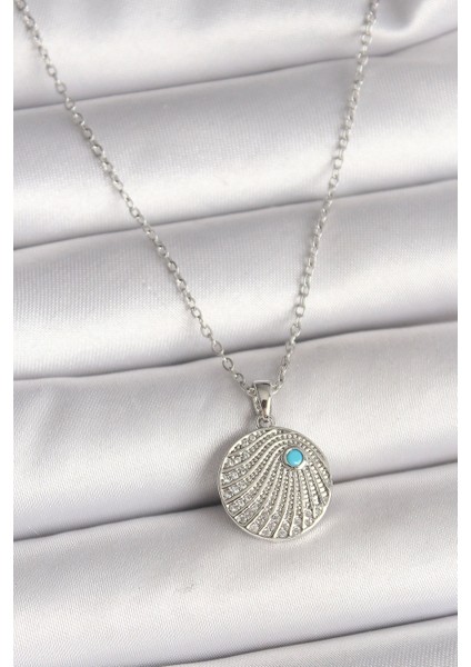 316L Çelik Gümüş Renk Zincir Zirkon Taşlı Mavi Taş Detaylı Madalyon Model Kadın Kolye - TJ-BKO9965