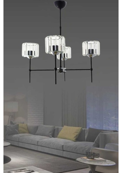 Lavinya 4'li Siyah/krom Kristalli Modern Yatak Odası Salon Kristal Avize