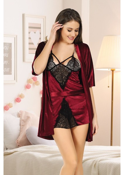 Bordo Kadife Dantelli Sabahlık & Gecelik Takım 2' Li - 1392 fiyatları