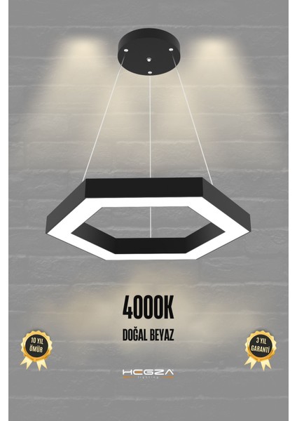 Hexagon ( Siyah Kasa, 4000K Işık Rengi ) Modern LED Avize, Salon, Mutfak, Oturma Yatak Odası Sarkıt