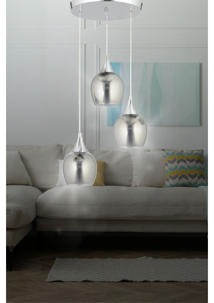 Damlam 3'lü Modern Gümüş - Füme Camlı Sarkıt Avize - Yatak Odası - Salon - Mutfak - Hol - Ofis