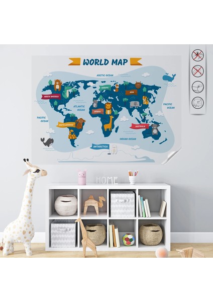 Statik Kağıt Hayvanlı Dünya Haritası Şeffaf ( Model-1) 65 cm x 98 cm Glstd