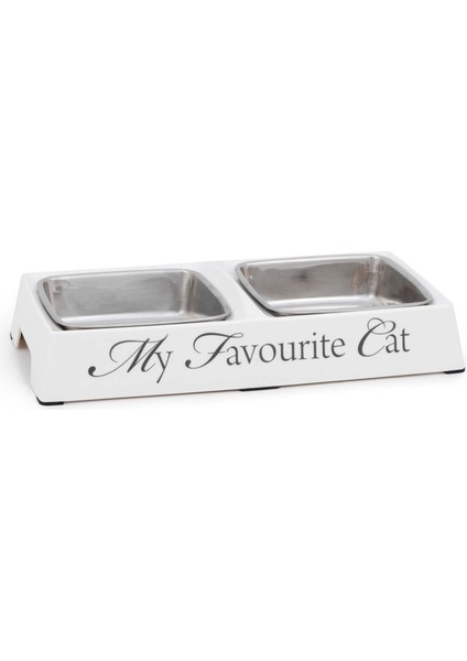 Dbl Kedi Ikili Mama ve Su Kabı, Paslanmaz Çelik, Beyaz, 24X12X4CM, 2X130ML Glstd