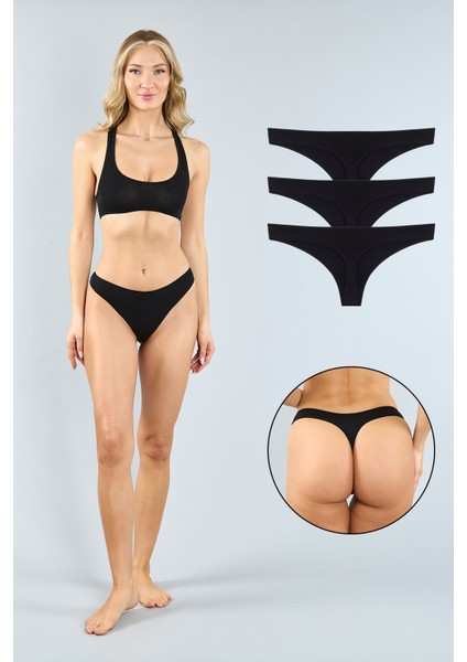 Pamuklu Siyah Tanga Külot 3'lü Paket