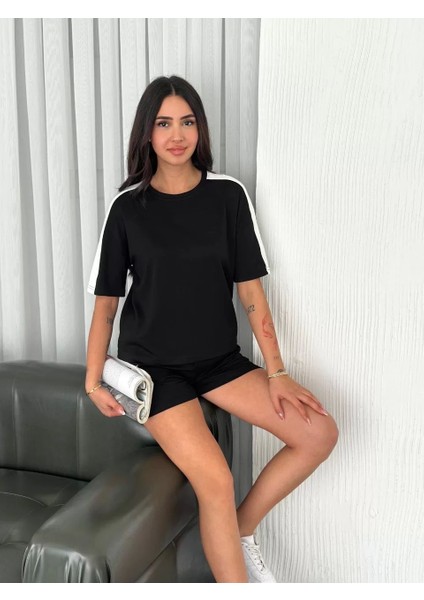 Osy Modal Yumuşak Dokulu Kumaş Kadın Parçalı Bisiklet Yaka T-Shirt Kısa Şort Ikili Takım - Siyah
