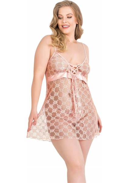 Büyük Beden Somon Kısa Tül Gecelik