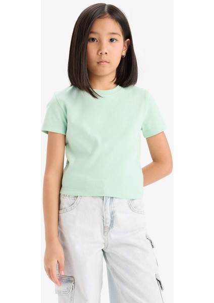 Kız Çocuk Slim Fit Dar Kesim Bisiklet Yaka Ribana Basic Düz Kısa Kollu Tişört B3054A825SM modelleri