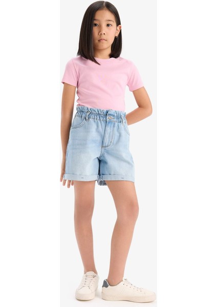 Kız Çocuk Slim Fit Dar Kesim Bisiklet Yaka Ribana Basic Düz Kısa Kollu Tişört B3054A825SM fiyatları