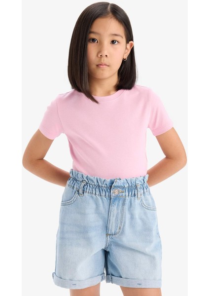 Kız Çocuk Slim Fit Dar Kesim Bisiklet Yaka Ribana Basic Düz Kısa Kollu Tişört B3054A825SM modelleri
