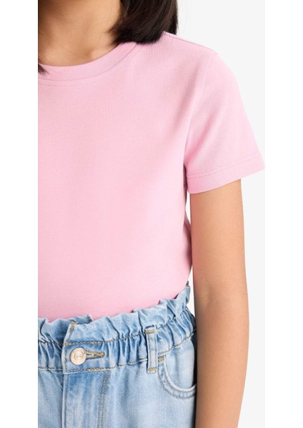 Kız Çocuk Slim Fit Dar Kesim Bisiklet Yaka Ribana Basic Düz Kısa Kollu Tişört B3054A825SM fırsatları