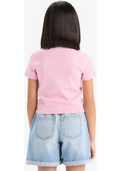 Kız Çocuk Slim Fit Dar Kesim Bisiklet Yaka Ribana Basic Düz Kısa Kollu Tişört B3054A825SM indirimleri