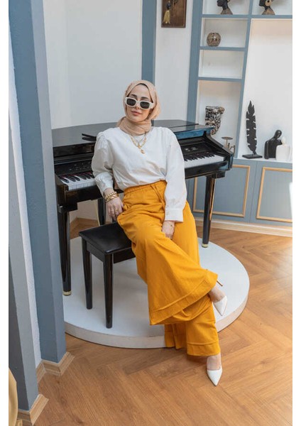 1138-ANCELINA Lastikli Pantolon Hardal modelleri