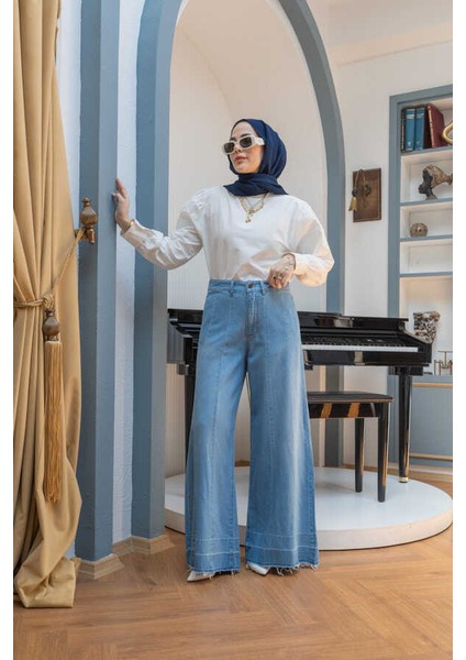 1166-PARÇALI Denim Bol Paça Pantolon Mavi