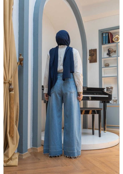 1166-PARÇALI Denim Bol Paça Pantolon Mavi fiyatları
