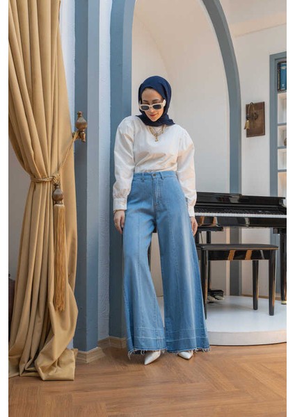 1166-PARÇALI Denim Bol Paça Pantolon Mavi modelleri