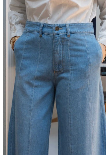 1166-PARÇALI Denim Bol Paça Pantolon Mavi fırsatları