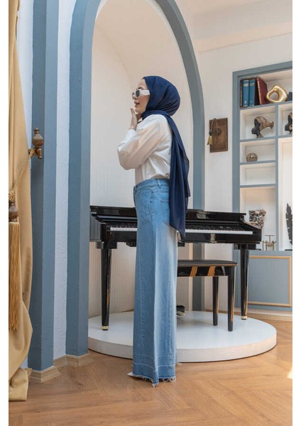 1166-PARÇALI Denim Bol Paça Pantolon Mavi indirimleri