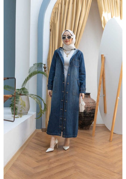 6329-TAŞLI Denim Kapşonlu Kap Koyu Mavi