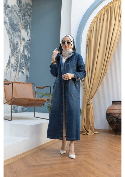 6329-TAŞLI Denim Kapşonlu Kap Koyu Mavi modelleri
