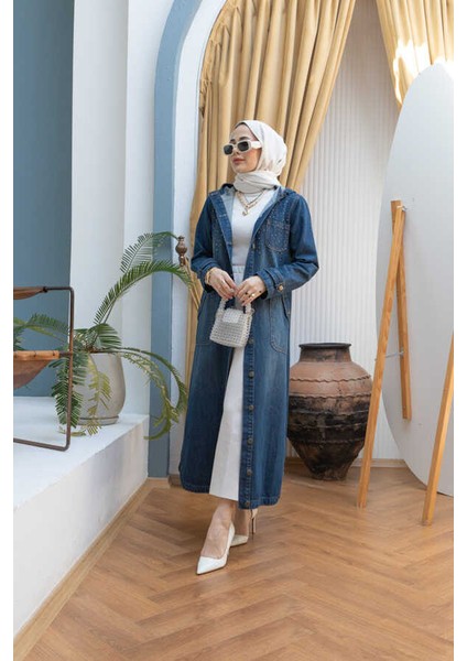 6329-TAŞLI Denim Kapşonlu Kap Koyu Mavi fırsatları