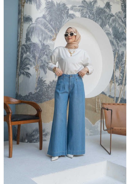 1165-DENIM Bol Paça Pantolon Mavi indirimleri