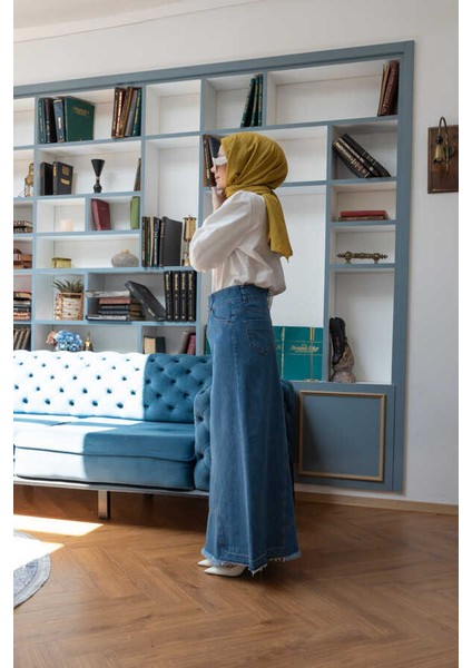 2290-DENIM Parçalı Etek Koyu Mavi