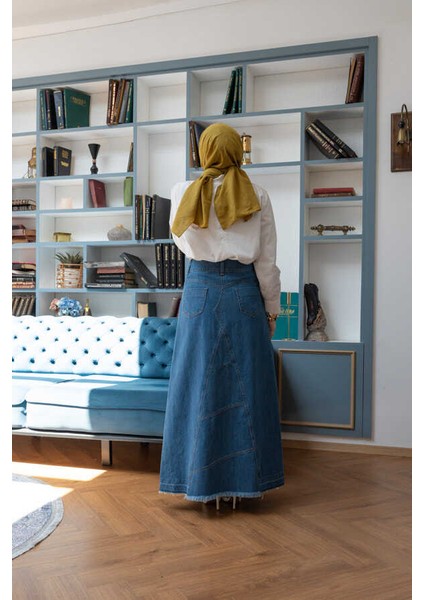 2290-DENIM Parçalı Etek Koyu Mavi