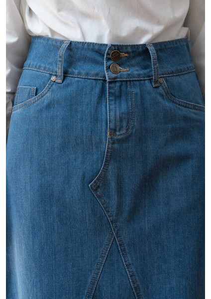 2290-DENIM Parçalı Etek Koyu Mavi