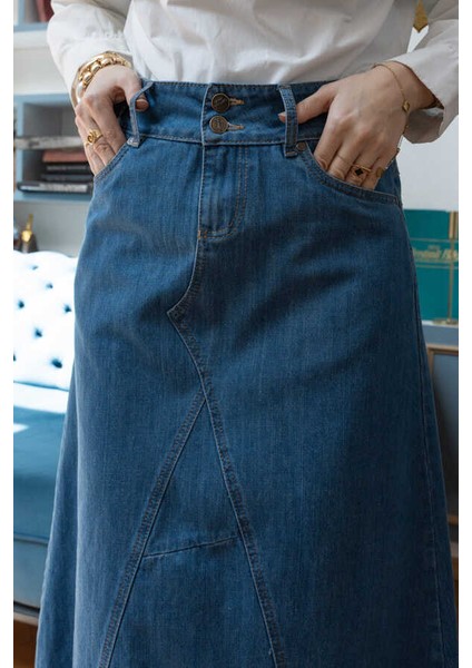 2290-DENIM Parçalı Etek Koyu Mavi