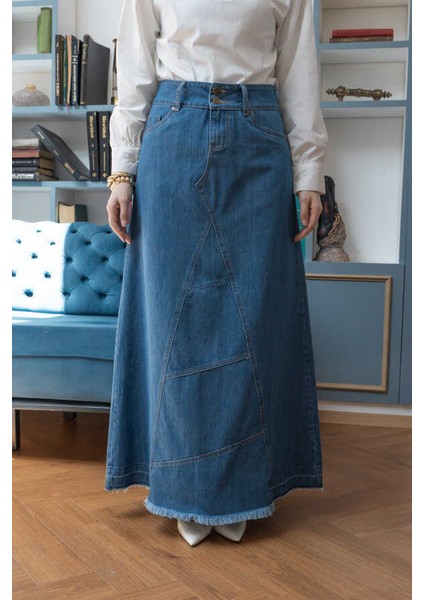 2290-DENIM Parçalı Etek Koyu Mavi