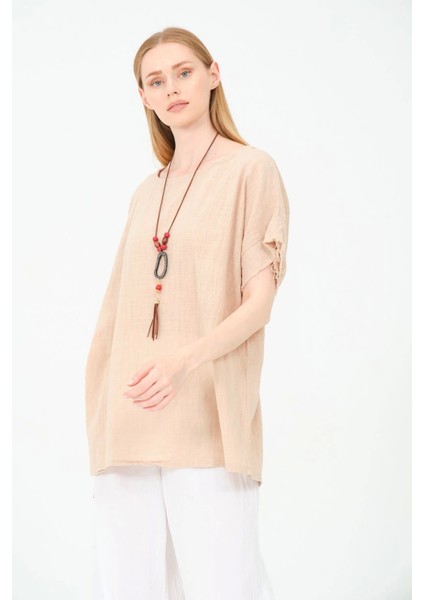 Kadın %100 Pamuklu T-Shirt (Kolye Hediyeli)-Bej