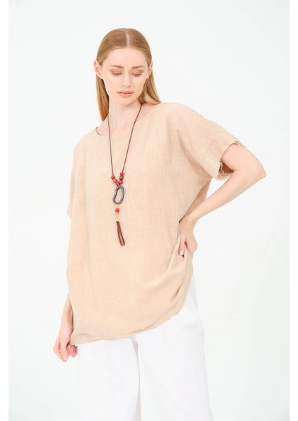 Kadın %100 Pamuklu T-Shirt (Kolye Hediyeli)-Bej modelleri