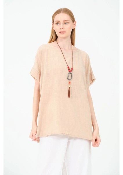 Kadın %100 Pamuklu T-Shirt (Kolye Hediyeli)-Bej fırsatları