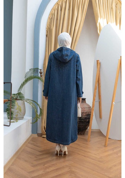 6329-TAŞLI Denim Kapşonlu Kap Koyu Mavi