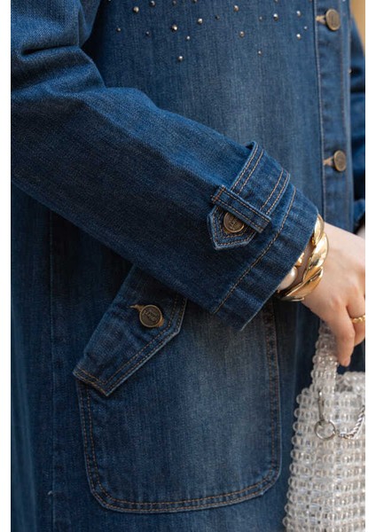 6329-TAŞLI Denim Kapşonlu Kap Koyu Mavi