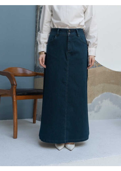 2254-DENIM Klasik Etek Petrol modelleri