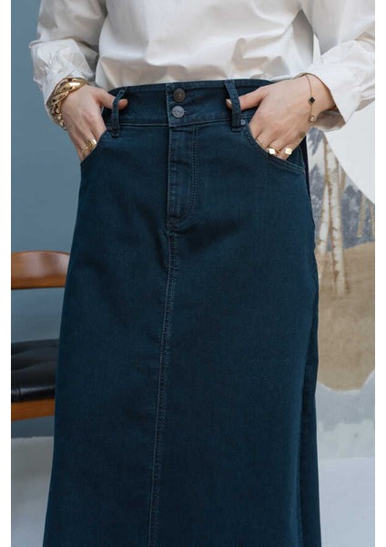 2254-DENIM Klasik Etek Petrol fırsatları