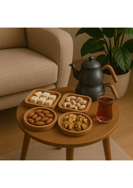 Doğal Ahşap Çerezlik ve Kahvaltılık – 4 Parçalı Sunum Tabağı T13