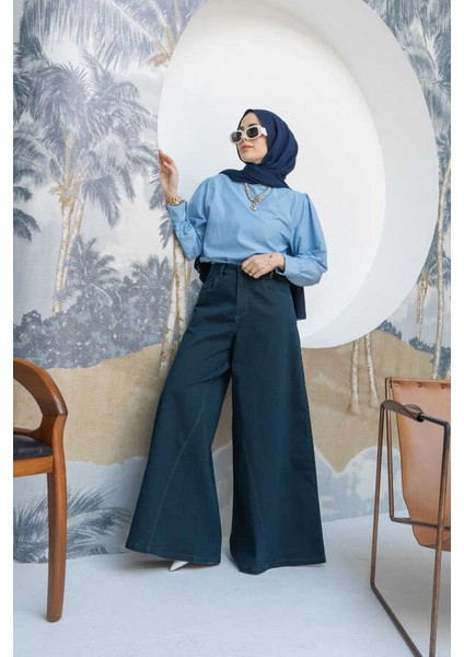 1162-DENIM Pantolon Etek Petrol modelleri