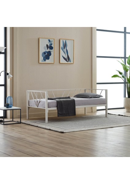 Alchera Daybed Tek Kişilik Sedir Divan Metal Karyola Beyaz