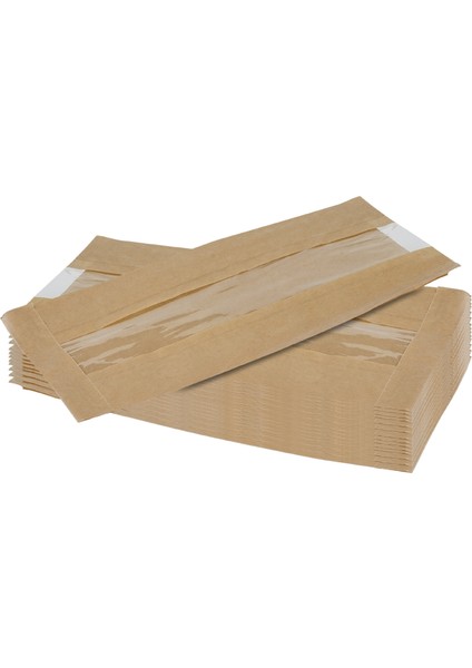 Kraft Şamua Pencereli Kese Kağıdı, Körüklü Ambalaj Poşeti, Butik Hediye Paketi, 250 Adet, 12x25 Cm