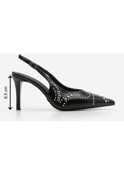 Kadın Stiletto Sivri Burun Troklu Zımbalı Arkası Açık Atkılı Topuklu Ayakkabı Lorfi
