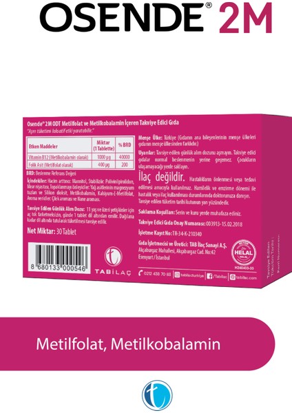 2M 30 Dilaltı Tablet Vitamin B12 (Metilkobalamin) Folik Asit (Metilfolat)