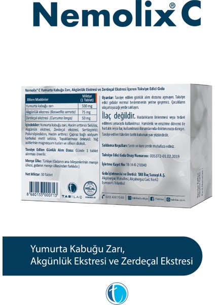 C 30 Tablet Yumurta Kabuğu Zarı Akgünlük Ekstresi Zerdeçal Ekstresi